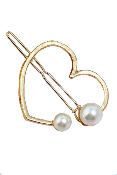 VeeShop Golden hair clip, heart pattern and two white pearls