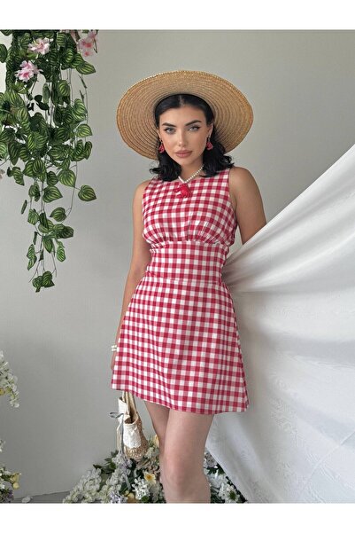 Moda Days Γυναικείο κόκκινο μίνι φόρεμα με καρό σχέδιο, αμάνικο, με λεπτομέρε...