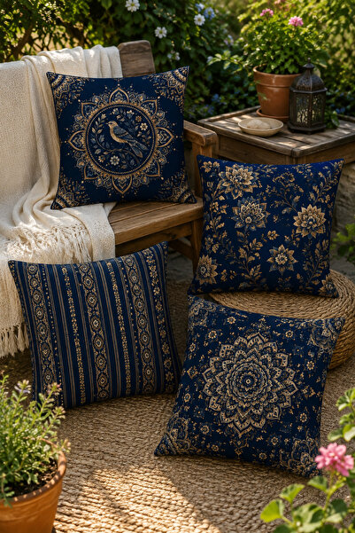 Elay Tekstil Bohem Lacivert Dekoratif Kırlent Kılıfı 43x43 cm Dijital Baskılı...