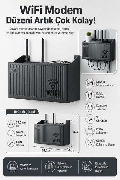 ALL FAST Duvar Tipi Siyah Wi-Fi Modem Router Rafı Kablo Düzenleyici Plastik S...