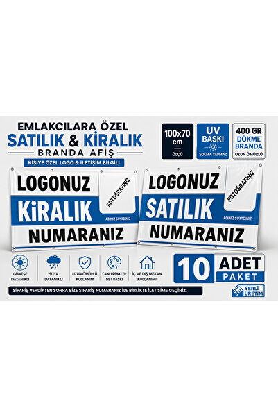Emlakçı Satılık & Kiralık Branda ( 10 ADET ) Afiş 100x70 cm | UV Baskı Dökme Branda | Kişiye Özel Logo ve İletişim Bilgili