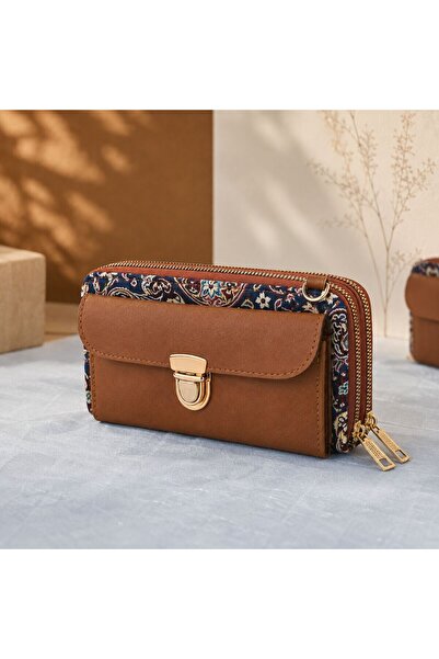 BIJUTERI Cnt-6006 Tan Navy Blue Paisley Patterned Tapestry Crossbody Wallet B...