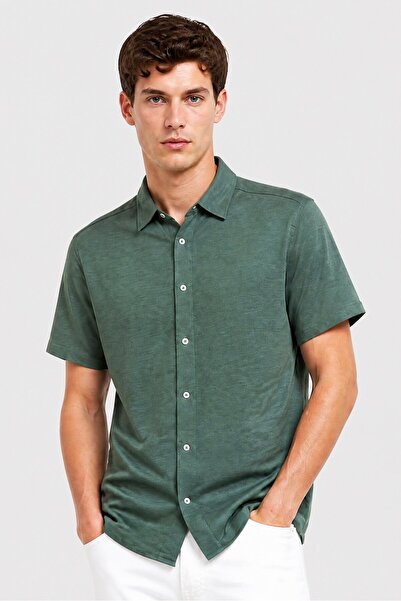 Desert Dunes Men Regular Fit Plain Short Sleeve Casual Shirt, Dark Green