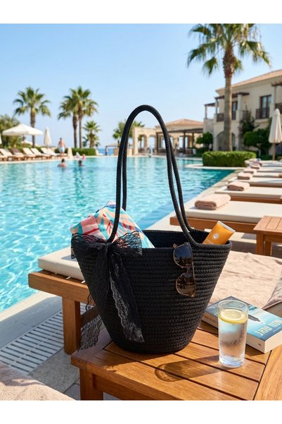 bayram taşcıoğlu home desing Midi Size (30*20 cm Width and Height) Daily Holiday Straw Lace Beach Bag