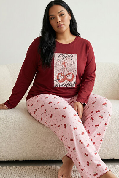 Siyah İnci Burgundy Patterned Cotton Lycra Large Size Oversized Knitted Pajam...