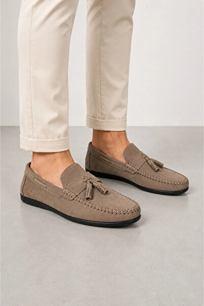 HT HOTİN Benji Men's Inner and Outer Genuine Leather Loafer Shoes - Sand Beige