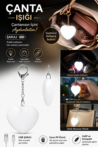 İnfeta Şarjlı Kalp Tasarımlı Çanta İçi LED Işık Çanta Işığı Çanta Lambası – A...