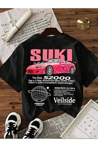 KYMC07 Men's Short Sleeve T-Shirt Graphic Printed Pink S2000 Car With SUKI Text