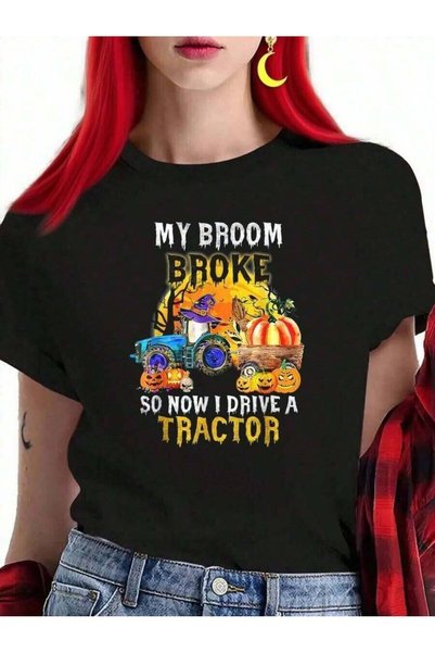 26LIK قميص Farmer Halloween - My Broom Broke So Now I Drive A Tractor - قميص قطني أسود برقبة دائرية للجنسين - قميص للرجال، قميص الحرية