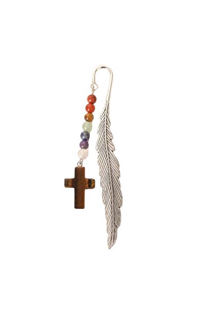 craftmystic Σελιδοδείκτης με Φυσική Πέτρα Μάτι Τίγρη, Σταυρό και 7 Τσάκρα