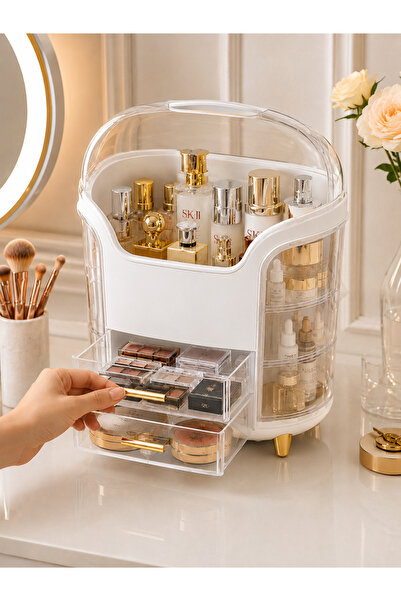 ARVALE White Covered Makeup Organizer with 3 Drawers for Cosmetics and Perfum...