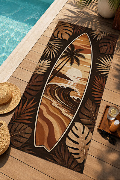 Evmila Retro Coffee Palm and Wave Pattern 70X150 Beach Towel - Digital Printe...