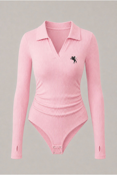 Toum Polo Collar Long Sleeve Ribbed Lycra Premium Bodysuit