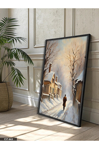 Evinemoda Lonely Man on a Snowy Road Single Piece Wooden Framed Painting