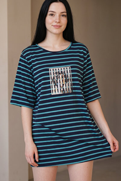 OEM Tricou supradimensionat de damă cu dungi și imprimeu frontal, TG-45