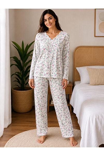 BALİS PİJAMA Women's Plus Size Floral Patterned Long Sleeve Pajama Set with E...