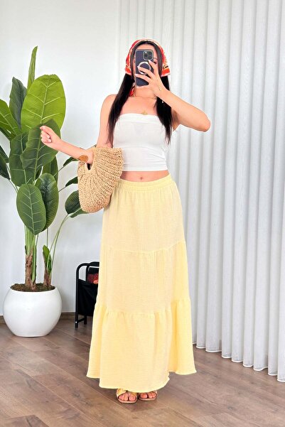 Moda Days Women's Yellow Long Skirt with Elastic Waist, Layered, Gathered, Mu...