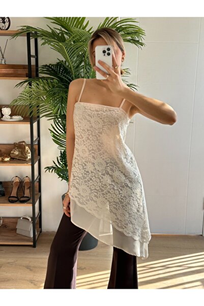 Moda Days Women's Beige Strappy Lace Detailed Asymmetrical Hem Mini Dress
