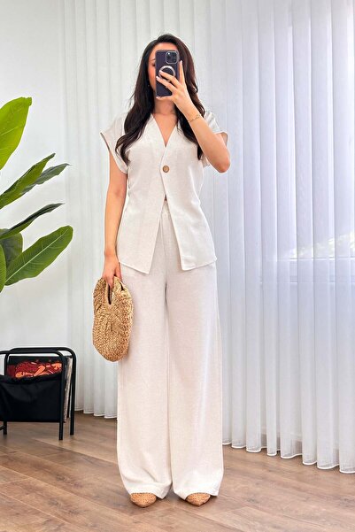 Moda Days Women's Stone Bottom - Top Set Linen Double Set Single Button V-Nec...