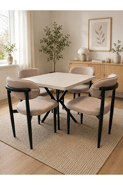 Concept Ayz Home Bella Nova Serisi 4 Kişilik Krem Kumaş 90*90 Cm Mdf Beyaz Ka...