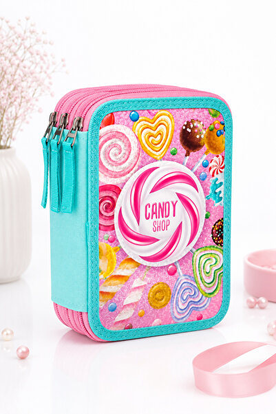 Generic Brand Penar Școlar Echipat Triplu Candy Shop, Roz Holografic, 3 Compa...