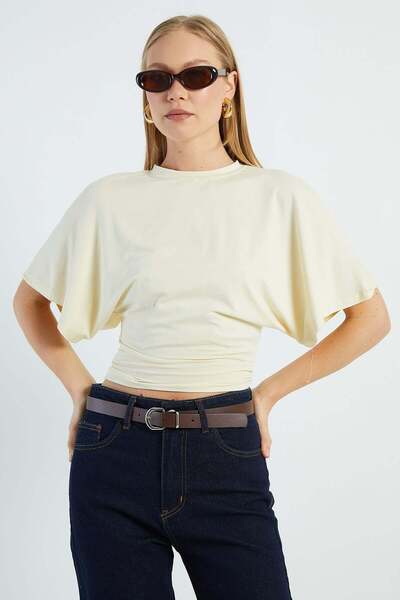 Fulla Moda Bat Sleeve Crew Neck Crop Blouse