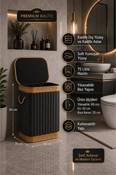 LUCKY CLOVER Kadife Kapaklı Kirli Çamaşır Sepeti 75 Lt Katlanabilir Çamaşır v...