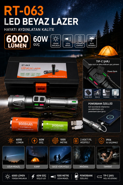 Janva RT-063 B Beyaz Lazer Taktik El Feneri - 60W, 6000 Lümen (Full Yedek Pil...