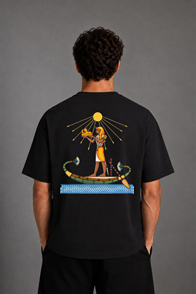 VSRN Tricou negru oversize cu imprimeu pe spate, design cadou egiptean