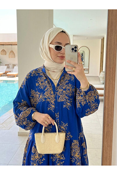 Kirazca Butik فستان نسائي من الفيسكون الأزرق من ساكس بنمط التطريز العرقي