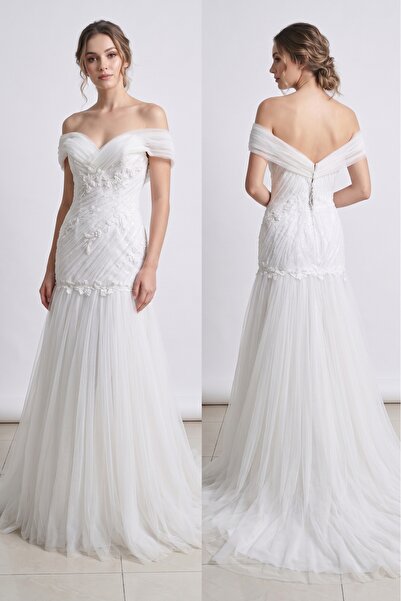 JABO WEDDİNG HOUSE GELİNLİK DRAPELİ BALIK MODEL PAYET İŞLEMELİ TAŞ ÇIÇEK DETA...
