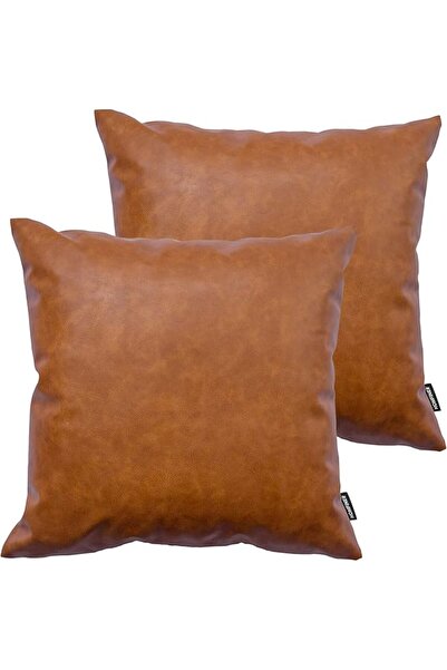 HOMFINER Faux Leather Throw Pillow Covers 16x16 inch, Set of 2 Thick Cognac B...