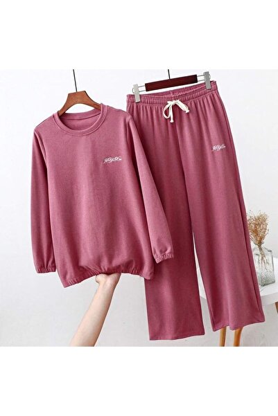 GENERAL Women's Pink Winter Pajamas Set - Classic, Solid, Long Sleeve, Round ...