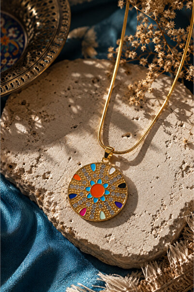Sylvera Shop Colorful Enamel Flower Medallion Steel Necklace (Gold Color)