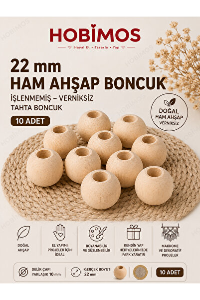 Hobimos 10 Adet 22 mm Ham Ahşap Boncuk – İşlenmemiş Verniksiz Büyük Delikli T...