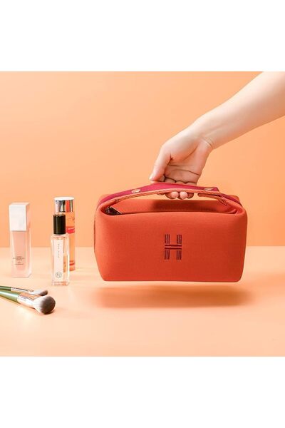 EXCEFORE Makeup Bag, Fashion Portable Orange Red Canvas Make up Travel Bag With Handle and Divider M