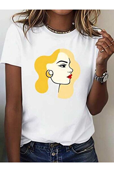 23ERVA Women's Cartoon Woman Face Design, Pure Cotton T-Shirt, Casual Summer ...