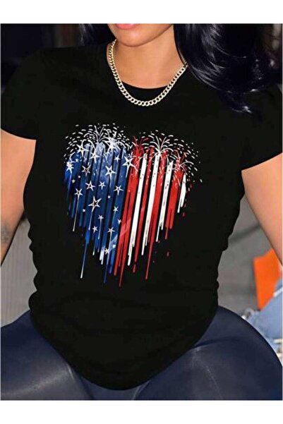 23ERVA Patriotic Heart, Women's American Flag Fireworks Design, Pure Cotton T...