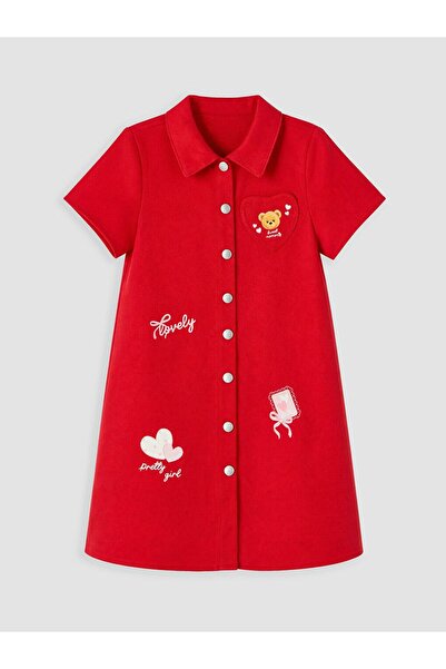 LC Waikiki Lcw Kids Red Shirt Collar Printed Girls' Dress