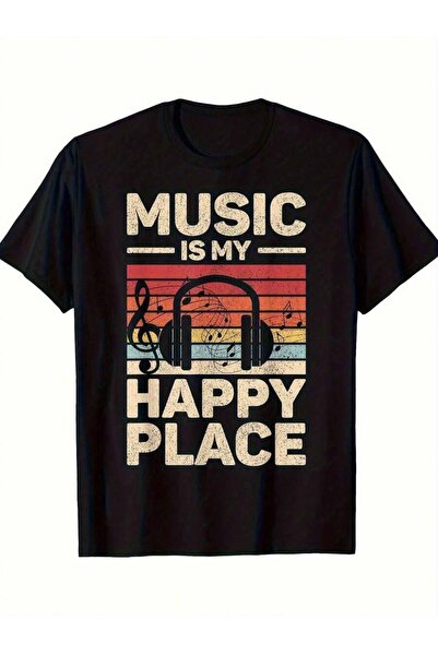 4Car LocalMens Men's "Music Is My Happy Place" Graphic T-Shirt - Retro Headph...