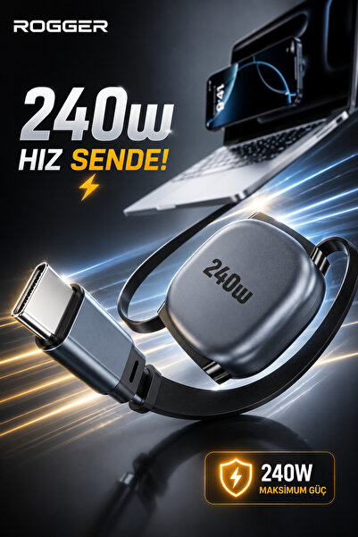 ROGGER 240W Type-C to Type-C Hızlı Şarj Kablosu – 1 Metre Geri Çekilebilir, 4 Kademeli Ayarlanabilir Taşınabilir Kablo