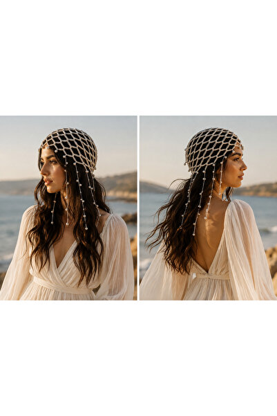 Meralin Elinden Hand Knitted White Pearl-Embellished Net Beanie