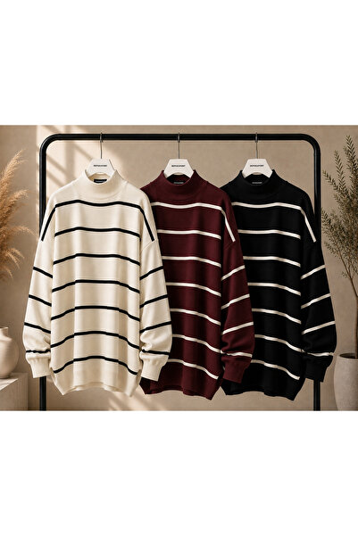 DepoExport Women's 3-Piece Striped Knitwear Sweater Oversize Loose Design