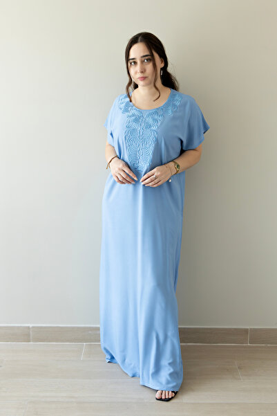 LINELLE Blue Embroidered Round Neck Jalabiya