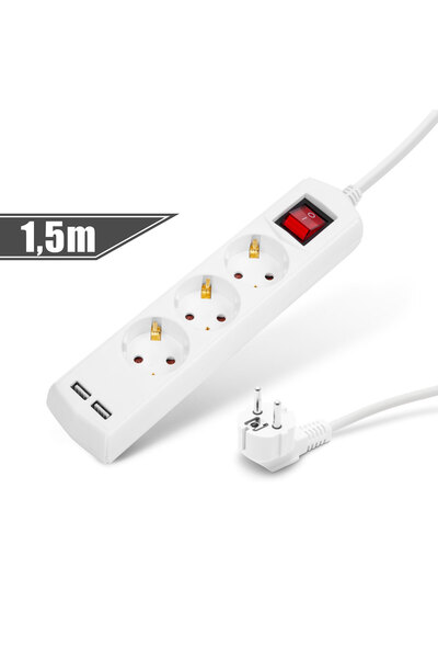 Alista Home Extension cord 3 Schuko sockets 1.5m, 2x USB 2.1A, switch, 16A, c...