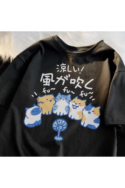 DEEFWEAR Mi̇ngalondon Wind Blowing Cat Printed Black Unisex Oversize T-Shirt