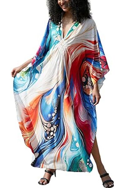 YouKD Women's Pirnt Floral Long Kaftan Maxi Dress Pluse Size Bikini Beach Cov...
