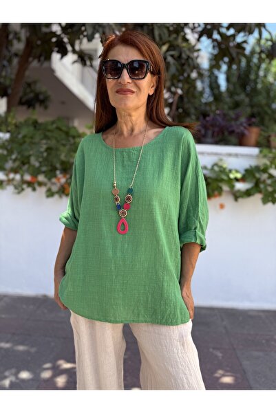 DenizEge Italian Cotton - Linen Textured Blouse with Pendant Green