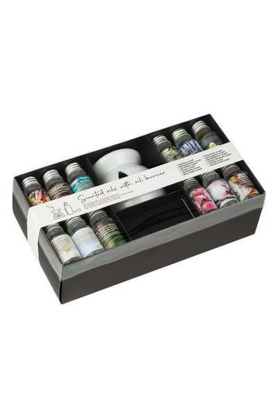 CATIANO Set Suport din Lut Alb & 12 Uleiuri Parfumate Diferite