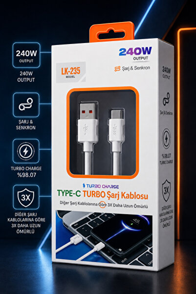Genel Markalar 240W Turbo Şarj Type-C Kablo 1,5 Metre Hızlı Şarj ve Data Kabl...